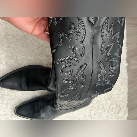Black Western Embroidered Knee High Cowboy Boots Pointed Toe Festival Boots - Picture 14 of 16